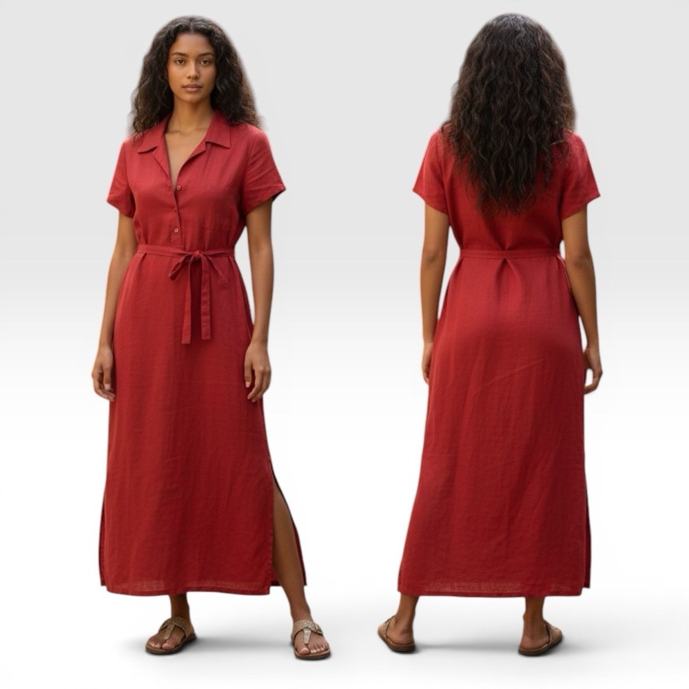 Rosanna Red 100% Linen Button Front Shirt Maxi Dress Side Zip Size 14